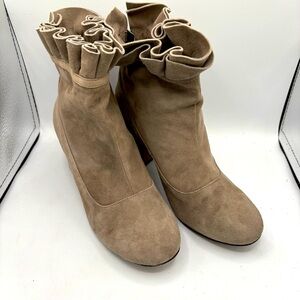 Cecelia New York Mackie Ruffle Top Leather Suede Block Heel Ankle Bootie